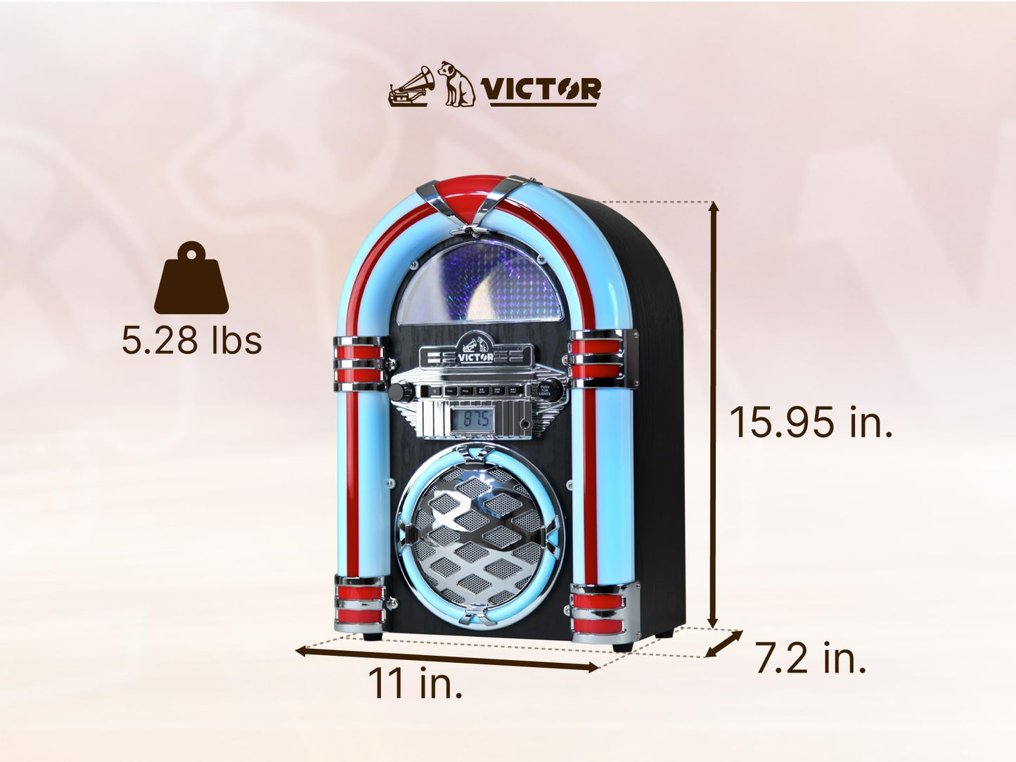 VICTOR Wilshire Desktop Bluetooth Jukebox mit FM-Radio, integriertem Stereolautsprecher und mehrfarbiger LED-Beleuchtung, Schwarz (VDTJ-1450-BK)