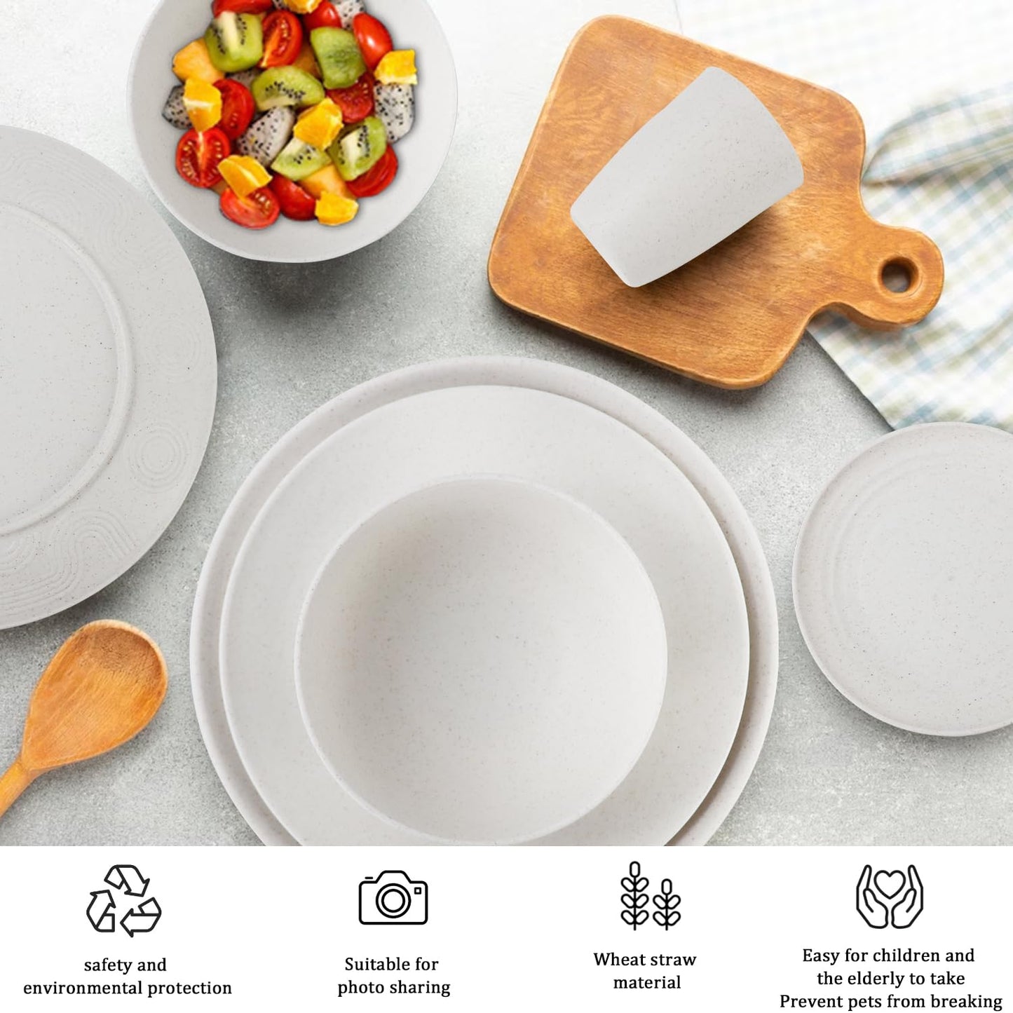 28 Piece Wheat Straw Dinnerware Sets,Dishwasher & Microwave Safe Plates and Bowls Sets - Unbreakable Plastic Dinnerware Sets for 4 Dinner Plates, Cups, Cereal Bowls - Colorful Series