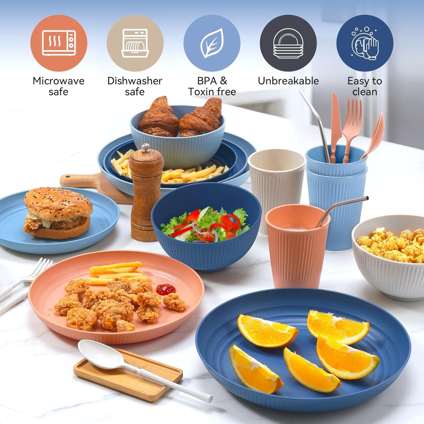 48-Piece Unbreakable Dinnerware Set – Plates, Bowls, Cups & Utensils for 6