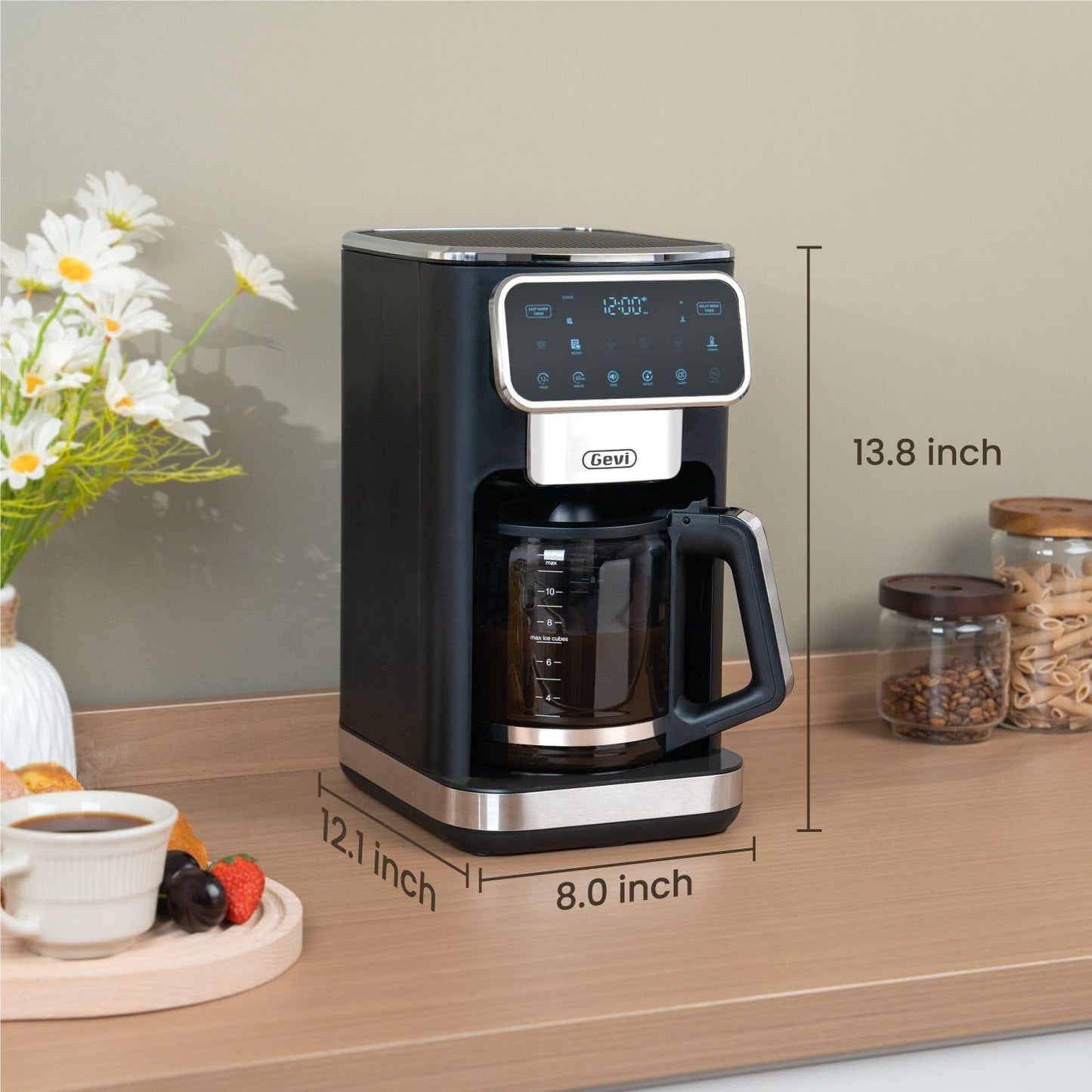 Gevi programmierbare Filterkaffeemaschine für 12 Tassen mit Touchscreen, schnelles und starkes Brühen, automatische Abschaltung, 4-Stunden-Warmhalteplatte, Eiskaffee-Option, Tropfschutzsystem, Permanentfilter