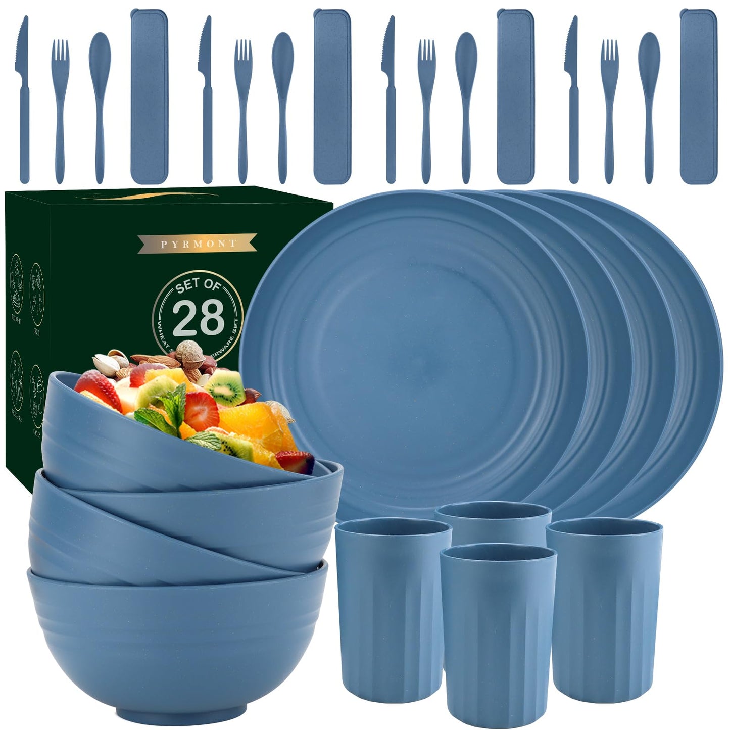 28 Piece Wheat Straw Dinnerware Sets,Dishwasher & Microwave Safe Plates and Bowls Sets - Unbreakable Plastic Dinnerware Sets for 4 Dinner Plates, Cups, Cereal Bowls - Colorful Series