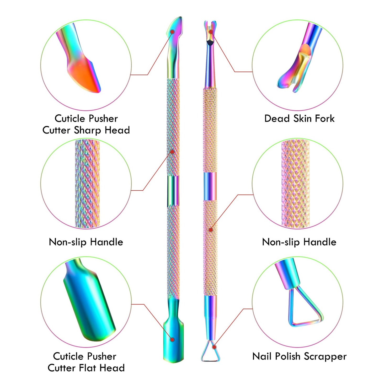3-Piece Rainbow Cuticle Care Kit – Precision Trimmer, Dual-Head Pusher & Scraper | Surgical-Grade Stainless Steel