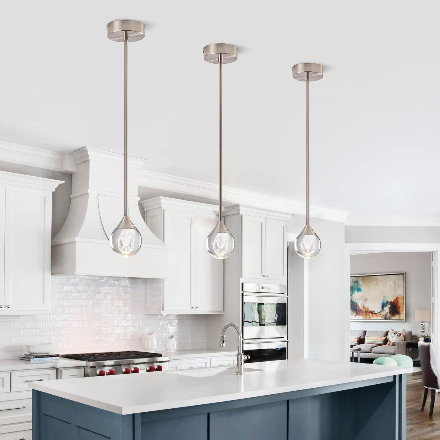 3-flammige Kristall-Pendelleuchte in Tropfenform, dimmbare LED-Hängeleuchte in Kristallkugelform, moderne Deckenpendelbeleuchtung für Kücheninsel, Esszimmer, Schlafzimmer, Bar, 3000 K, 24 W, gebürstetes Messing