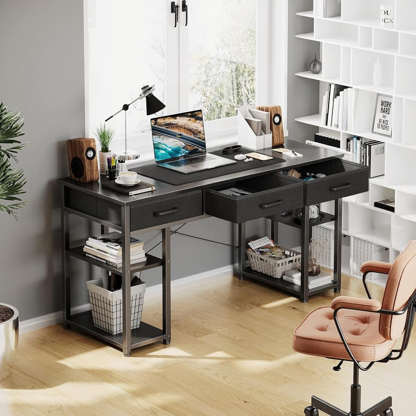 ODK Office Kleiner Computertisch: Heimtisch mit Stoffschubladen und Ablageflächen, moderner Schreibtisch, Schwarz, 48"x16"