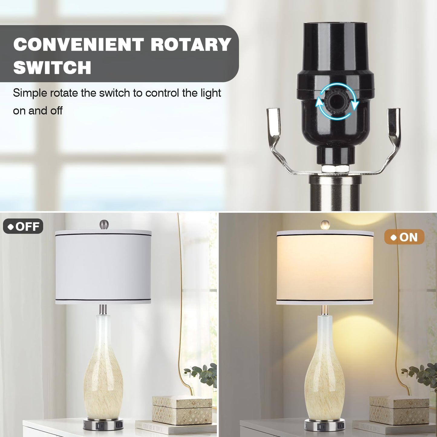 27-Zoll-Tischlampen aus Glas, 2er-Set mit Nachtlicht, moderne Nachttischlampen mit 3-Wege-Touch-Steuerung, USB-A+C-Anschlüssen und AC-Steckdose, gelbe Nachttischlampen im Boho-Stil für das Wohnzimmer im Schlafzimmer