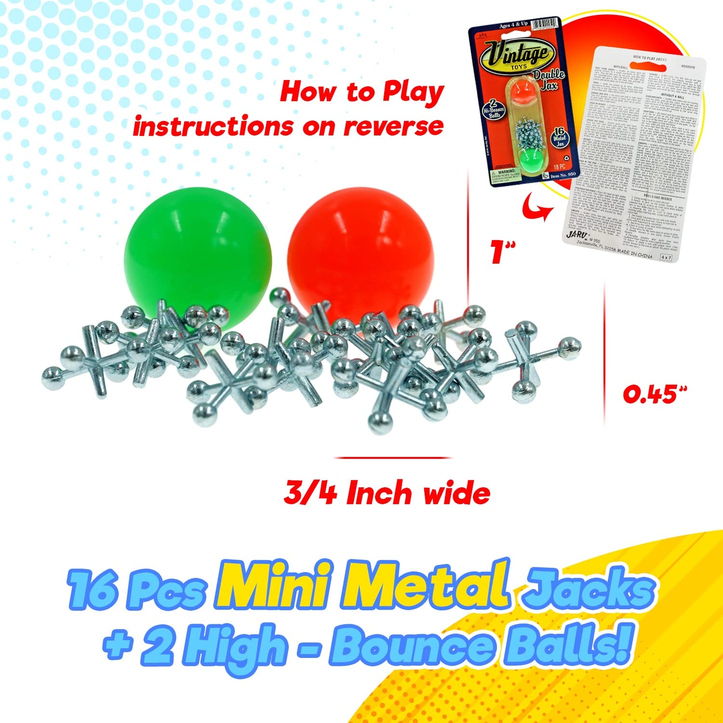JA-RU Vintage Metal Jacks Game Set/Two Bouncy Balls.(1 Pack) Mini Jax Toy. Classic Family Retro Classics. Bulk Party Favors, Stocking Stuffers. 950-1B