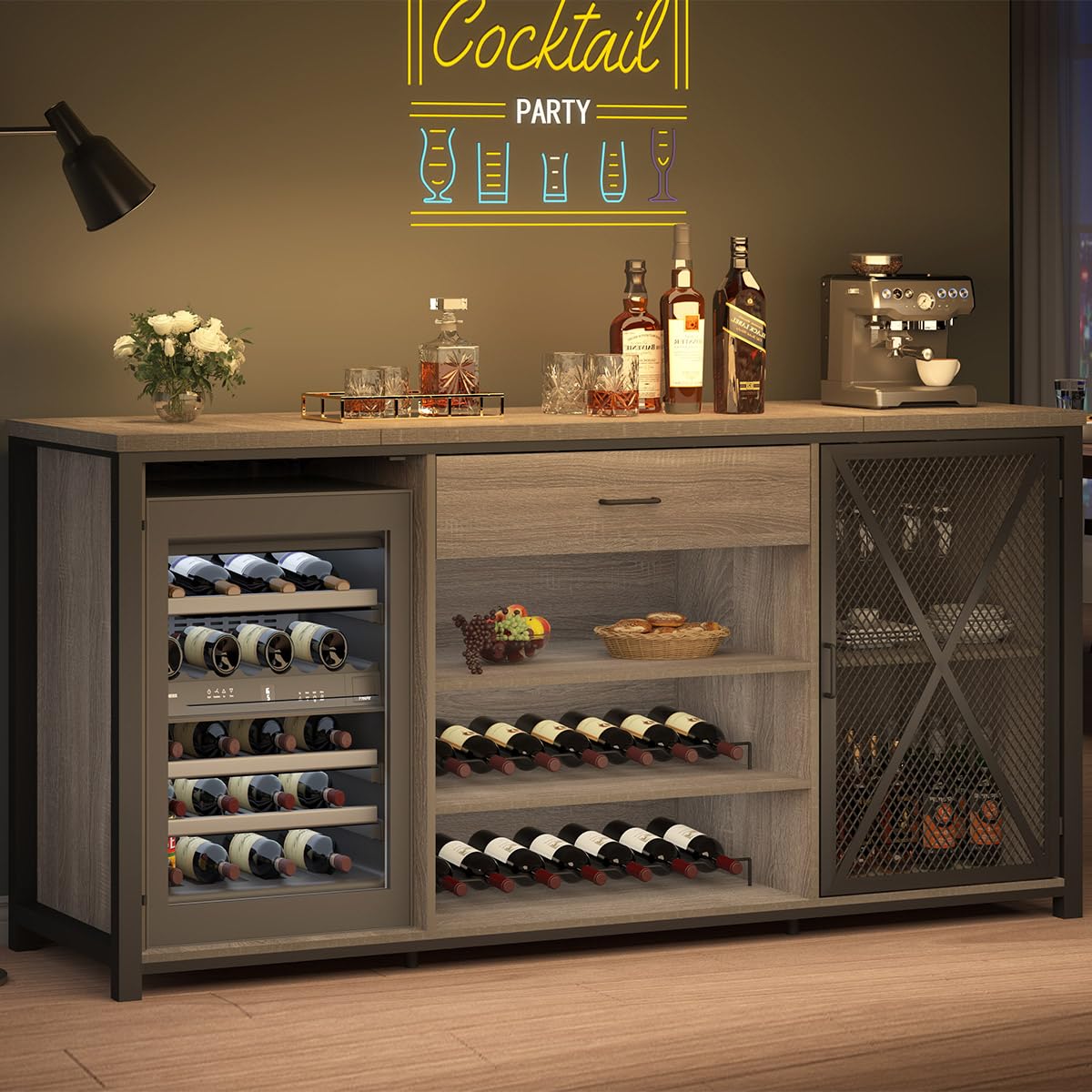 LVB Langer Barschrank mit Platz für den Kühlschrank, großer Spirituosenschrank im Landhausstil mit Schubladen, großer Weinschrank aus rustikalem Holz und Metall mit Regal, modernes Sideboard-Buffet für Küche und Esszimmer, grau, 70 Zoll