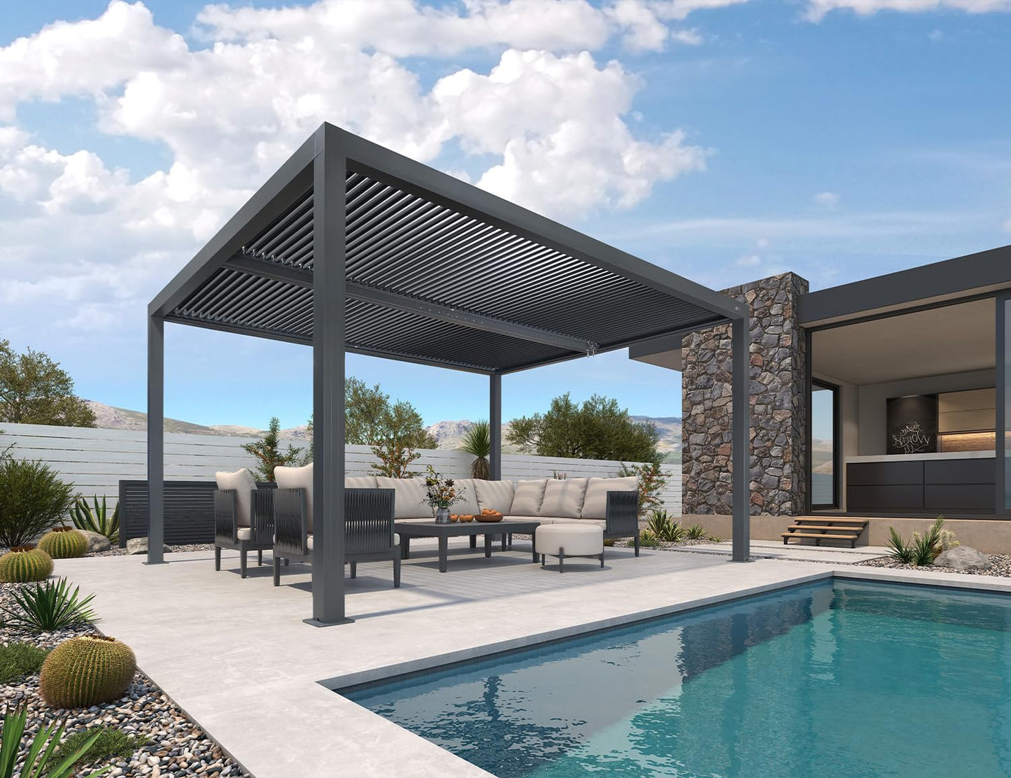 PURPLE LEAF Lamellenpergola 94AS, 3,3 x 4,3 m, Aluminium-Pergola für den Außenbereich mit Sonnenschutz, verstellbarem Dach für Terrasse, Hinterhof, grauer Pavillon mit festem Dach, 1 lange Seite und 2 kurze Seiten