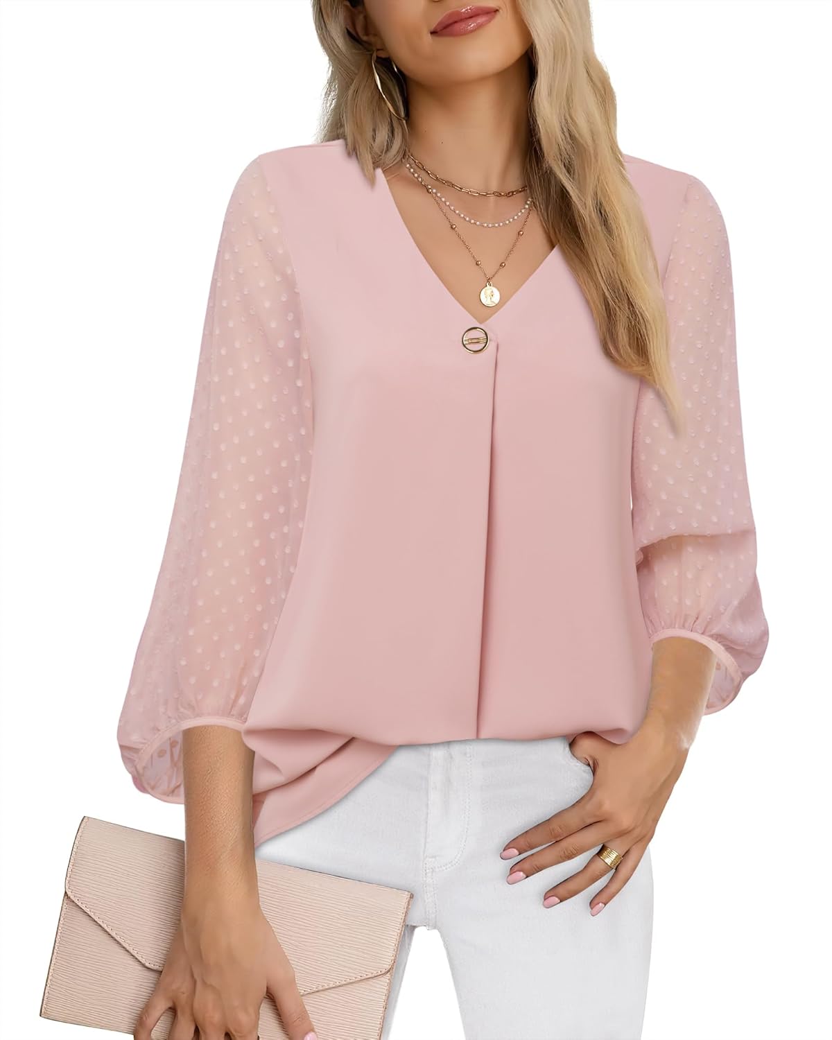 Bebonnie Damen Chiffonbluse mit Laternenmuster, 3/4-Ärmel, lässig, locker, V-Ausschnitt