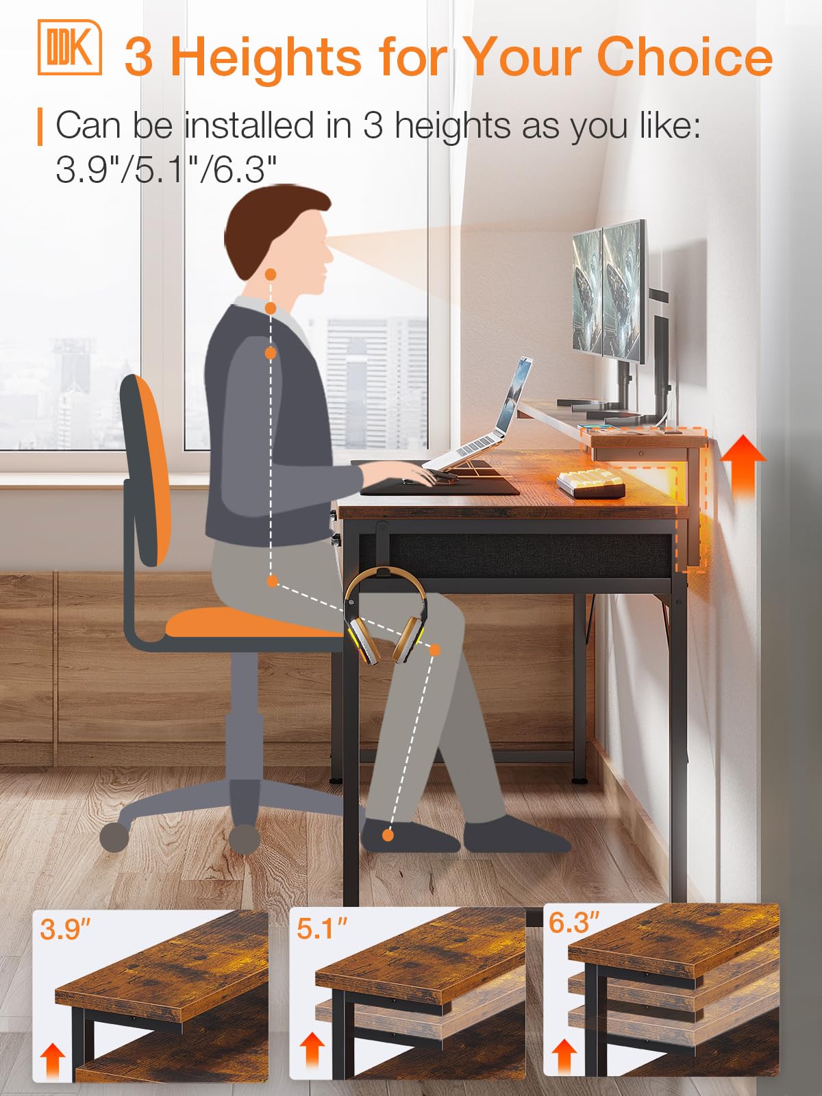 ODK 54-Zoll-Computertisch mit 3 Schubladen und USB-Steckdosen, Home-Office-Schreibtische mit LED-Leuchten und verstellbarem Monitorständer, Arbeiten von zu Hause, moderner Arbeits-/Schreib-/Studiertisch für Schlafzimmer, Schwarz