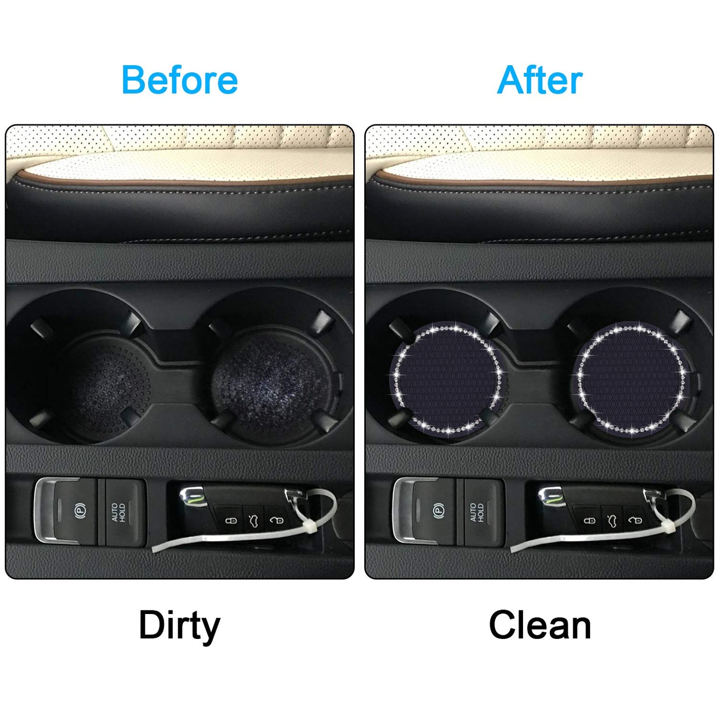 Bling Car Coasters, Wisdompro 4 Pack PVC Car Cup Holder Insert Coaster - Anti Slip Universal Vehicle Interior Accessories Crystal Glitter Cup Mats for Women and Men(2.75" Diameter, Black)