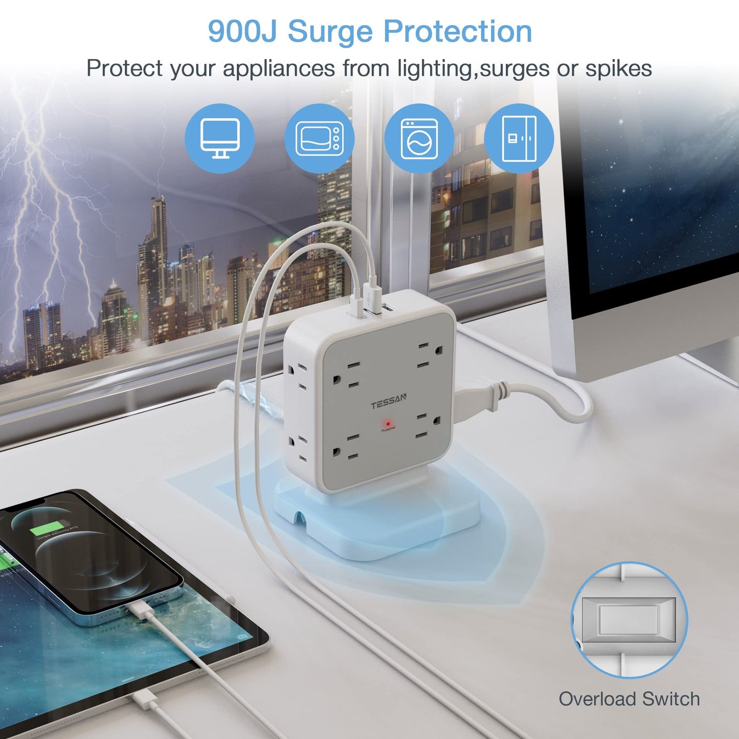 Surge Protector Flat Extension Cord Flat Plug Power Strip, 8 AC Outlets, 3 USB Charger(1 USB C Port) 3-Sided Outlet Extender, 5 Ft, 900 Joules Protection