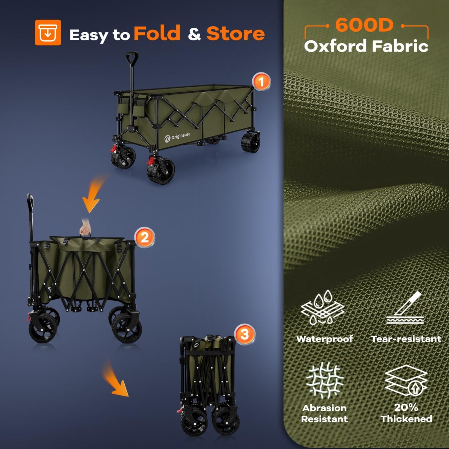 48" L Collapsible Wagon Cart Foldable, 560LB Weight Capacity 300L Heavy Duty Folding Beach Wagons with Big All-Terrain Wheels, Utility Carts for Groceries, Shopping, Camping, Sports - Black