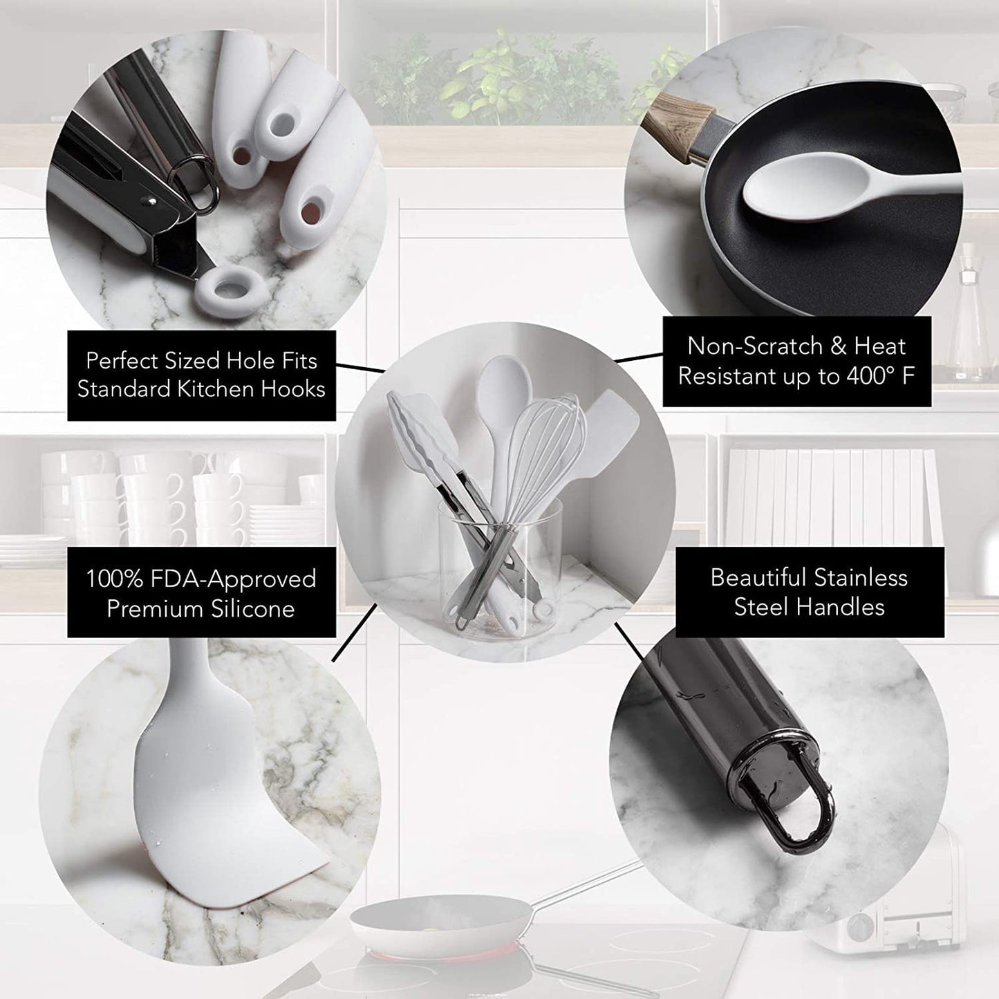 Country Kitchen Silicone Cooking Utensils - Easy to Clean Kitchen Tools, Spatula Set for Nonstick Cookware, Mini, White