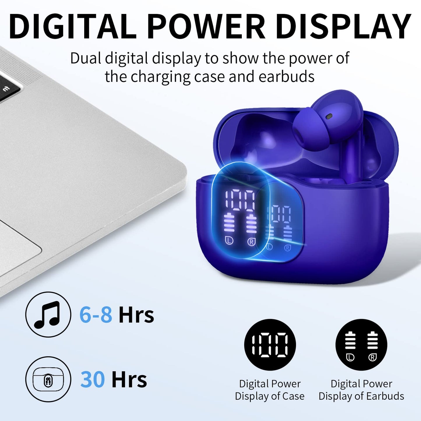 Wireless Earbuds Bluetooth 5.4 Headphones Bass Stereo Ear Buds with Noise Cancelling Mic LED Display in Ear Earphones IP7 Waterproof 36H Playtime for Laptop Pad Phones Sports Workout White