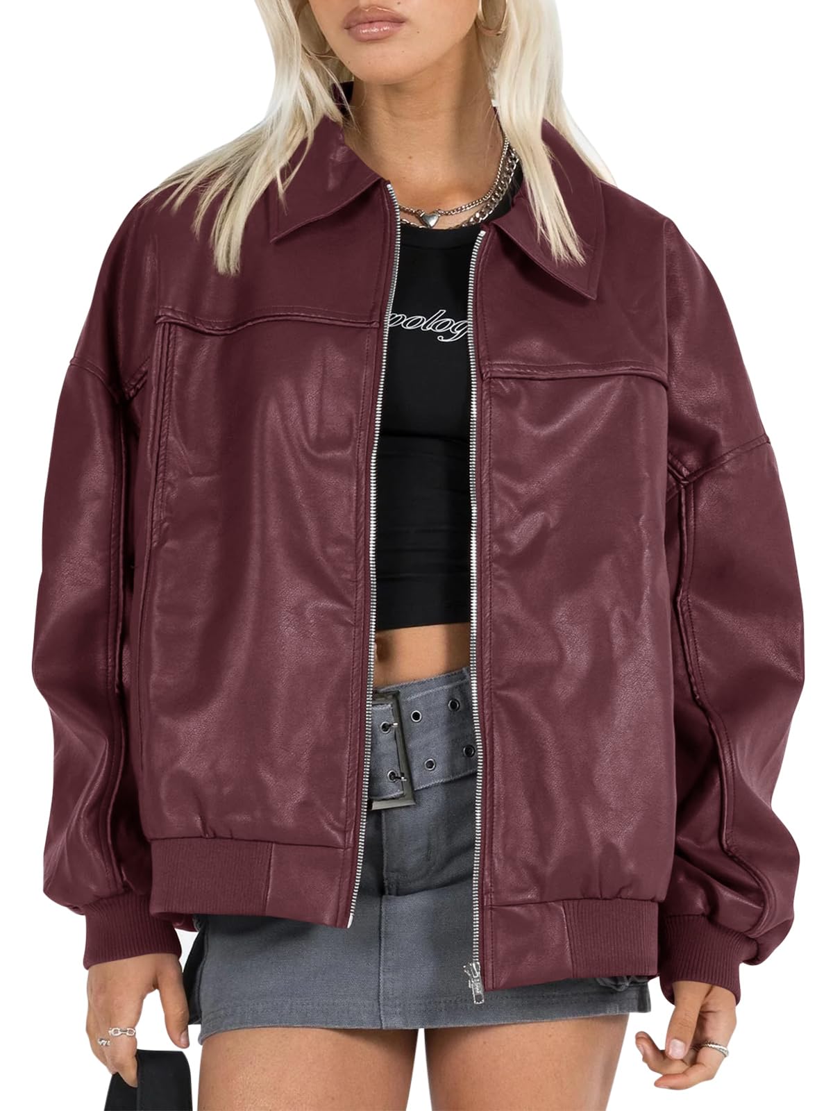 Tankaneo Womens Faux Leather Jackets Oversized Bomber Casual Fall Fashion Zip Up Moto Biker Coats