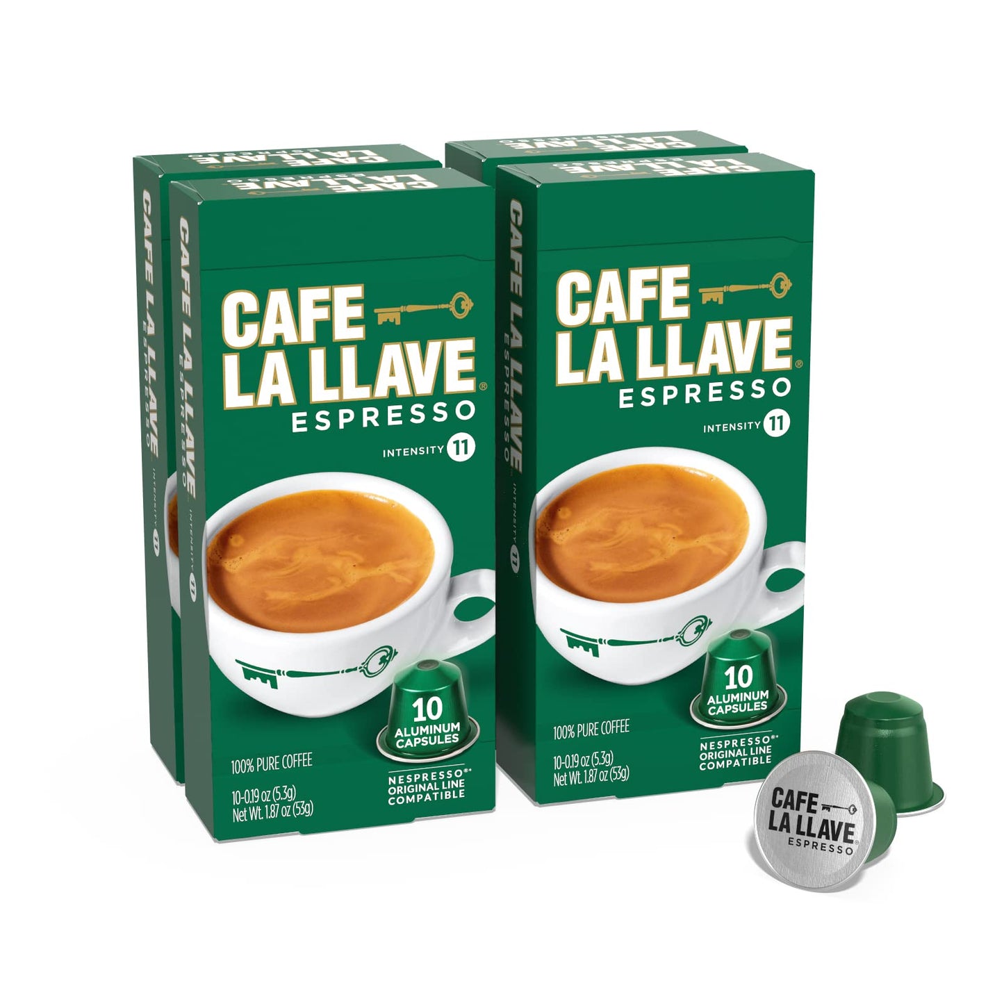 Cafe La Llave Espresso Pods: 40 Recyclable Aluminum Pods, Intensity 11 - Dark Roast Latin-Style Coffee, Compatible with Nespresso Original Line Machines - Bold, Rich Flavor
