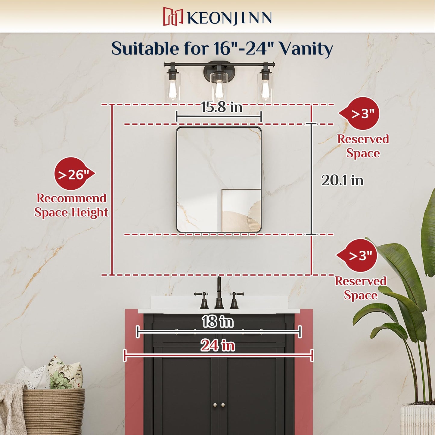 Keonjinn Black Mirror for Bathroom Sink, 24 x 30 Inch Sandblasted Finish Aluminum Wall Mirrors, Matte Black Rectangle Farmhouse Mirror with Shatterproof HD Tempered Glass, Anti-Rust Metal Frame
