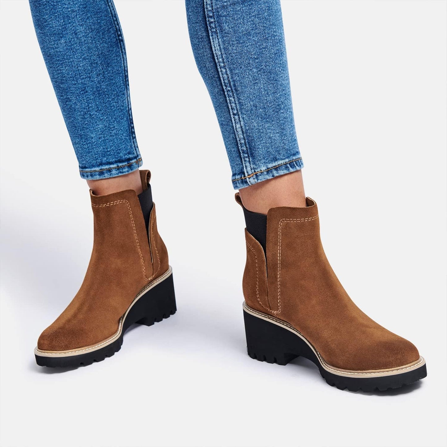 Trish Lucia Damen Chelsea-Stiefel mit Plateausohle, knöchelhoch, klobiger Blockabsatz, rutschfest, Wildleder, modische Schlupfstiefeletten