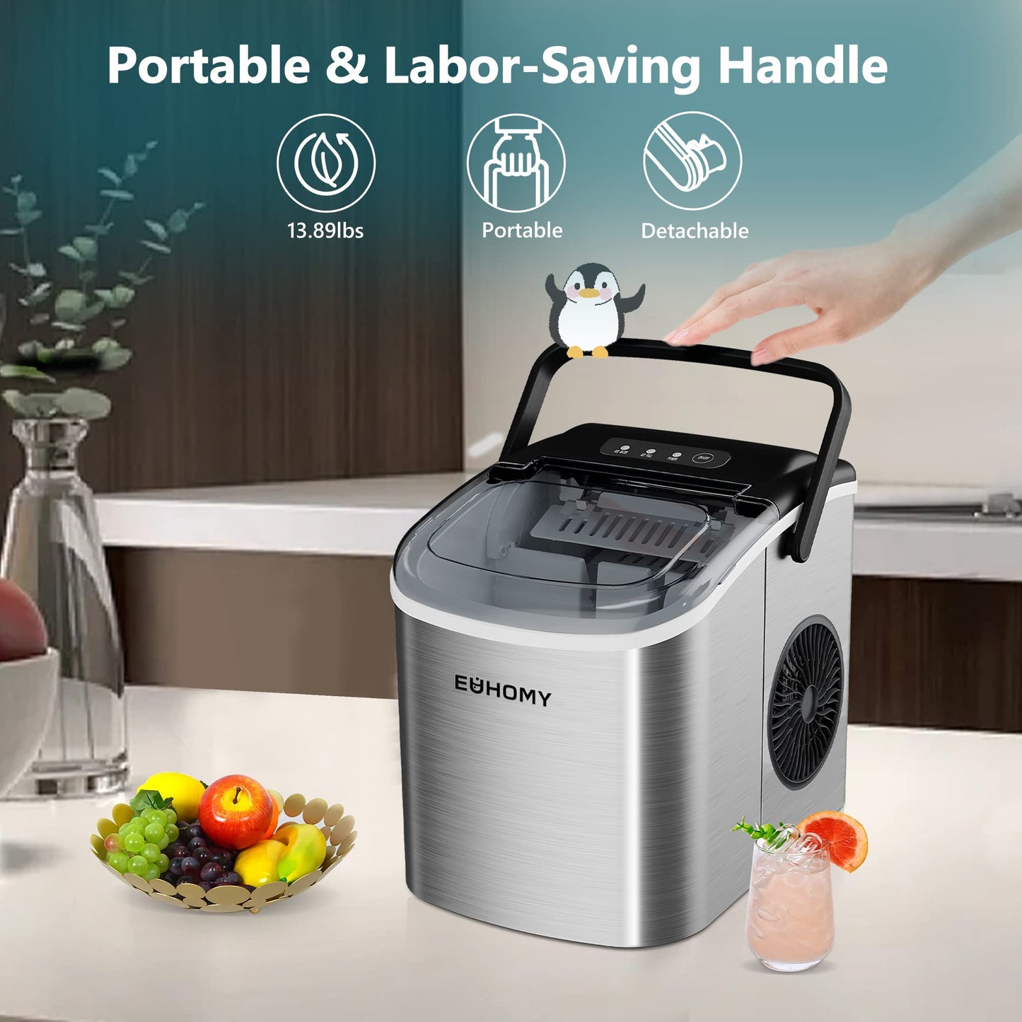 EUHOMY Countertop Ice Maker Machine with Handle, 26lbs in 24Hrs, 9 Ice Cubes Ready in 6 Mins, Auto-Cleaning Portable Ice Maker with Basket and Scoop, for Home/Kitchen/Camping/RV. (Black)