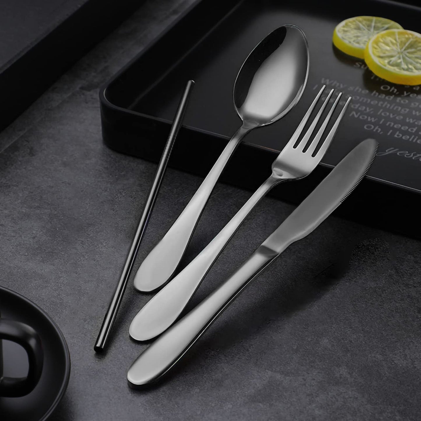 Portable Travel Utensils Set, 18/8 Stainless Steel 3 PCS Cutlery Set Including Knife Fork and Spoon, Reusable Travel Silverware Set with Case for Lunch Box Camping School Office