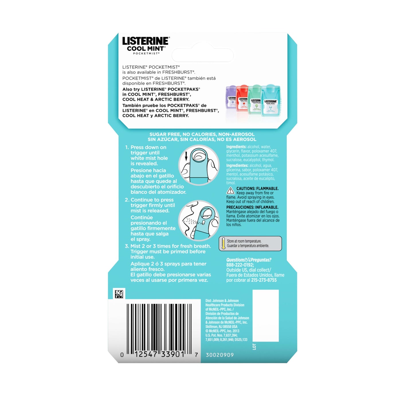 Listerine Freshburst Pocketmist Fresh Breath Oral Care Mist, Non-Aerosol Sugar-Free Minty Breath Refresher Spray to Kill 99% of Bad Breath Germs, Portable, Spearmint Flavor, 7.7 mL, 6 Sprays