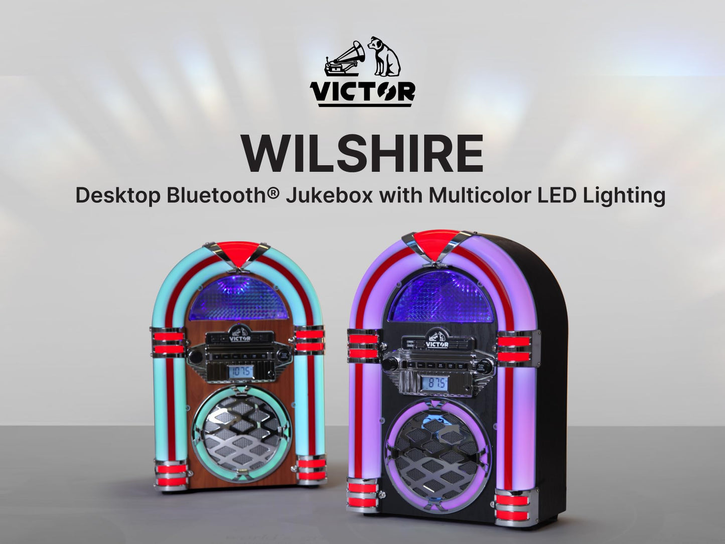 VICTOR Wilshire Desktop Bluetooth Jukebox mit FM-Radio, integriertem Stereolautsprecher und mehrfarbiger LED-Beleuchtung, Schwarz (VDTJ-1450-BK)