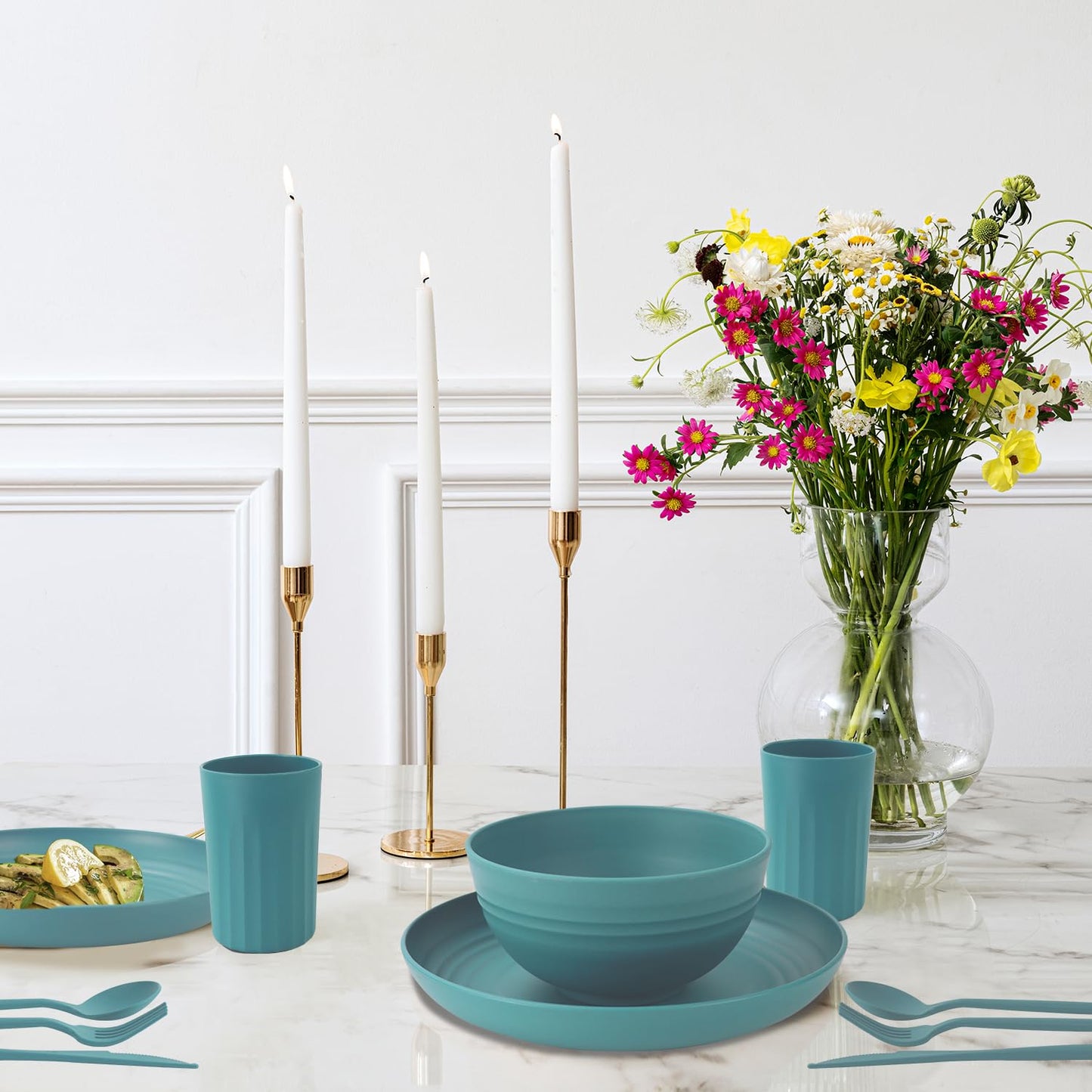 28 Piece Wheat Straw Dinnerware Sets,Dishwasher & Microwave Safe Plates and Bowls Sets - Unbreakable Plastic Dinnerware Sets for 4 Dinner Plates, Cups, Cereal Bowls - Colorful Series