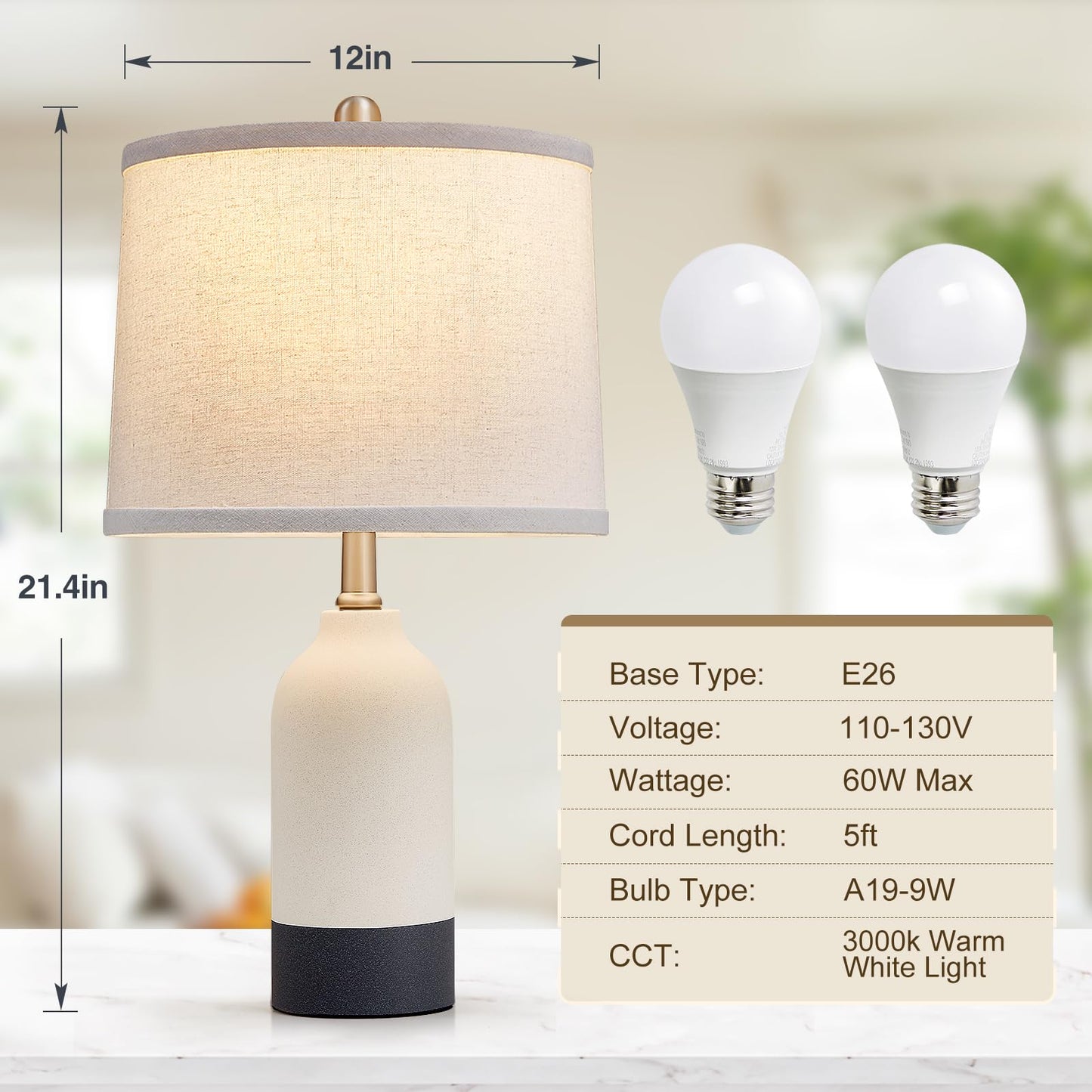 Luvkczc Moderne Keramiklampen für Schlafzimmer, 2er-Set, 3-Farbtemperatur-Tischlampe, Nachttischlampe, Schreibtisch-Leselampe mit Stoffschirm in Trommelform für Schlafzimmer, Wohnzimmer, 2 Glühbirnen enthalten (21,4 Zoll)
