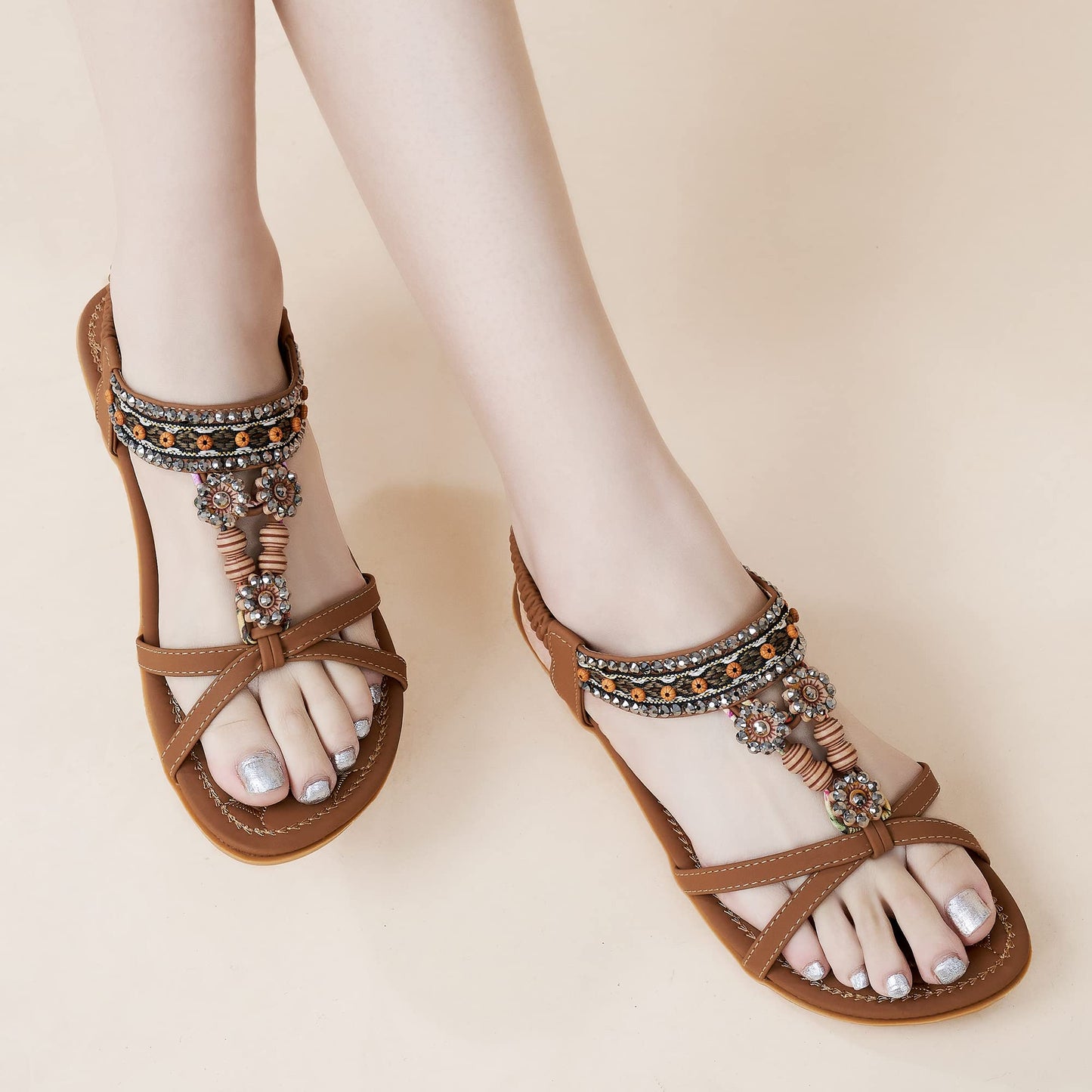 Elegante Damensandalen für den Sommer: Flache Schuhe, bequeme Bohemian-Sandalen mit elastischem Knöchelriemen, Strandsandalen für Damen