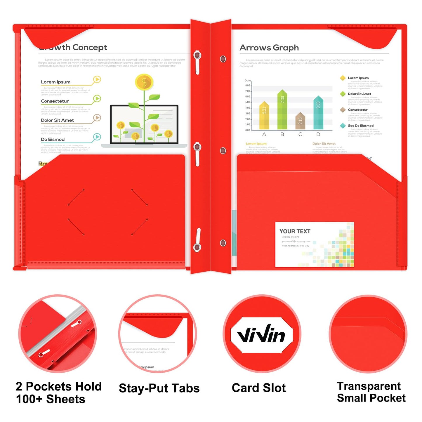 Chemises en plastique épais ViVin avec pochettes et broches, deux poches, poche avant transparente et onglets de maintien, lot de 6, pour papier au format lettre US, pour l'école et le bureau - Blanc