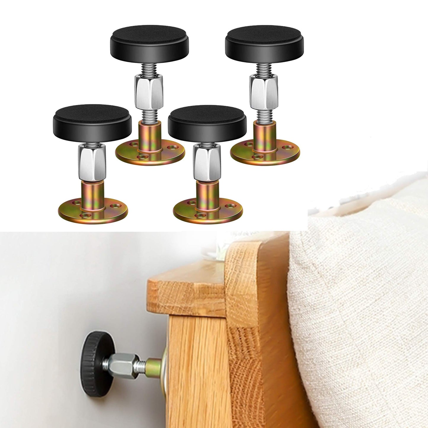 Krisler Verstellbares Anti-Shake-Werkzeug mit Gewinde für Bettrahmen, Kopfteilstopper, Anti-Shake-Werkzeug neben dem Bett für Betten, Schränke, Sofas, 4 Stück (27–114 mm)