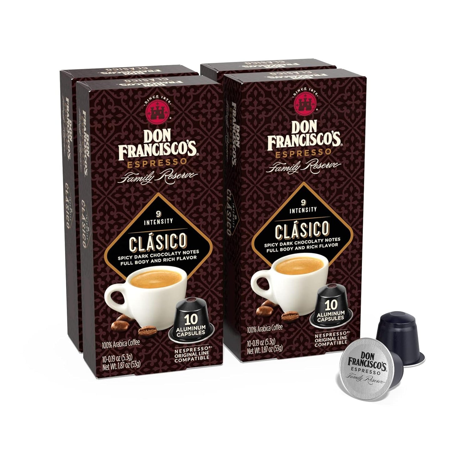 Don Francisco's and Cafe La Llave Espresso Capsule Variety Pack - 50 Recyclable Aluminum Pods Compatible with Nespresso Originalline - Premium Coffee with 4 Flavors and Intensities