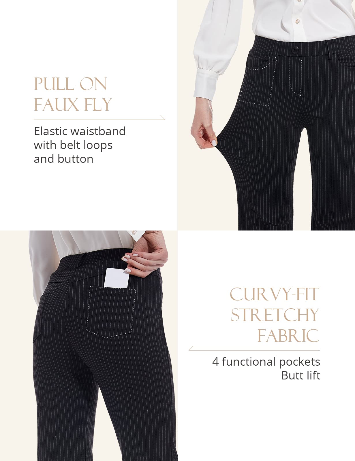Pantalon extensible pour femme Tapata 28''/30''/32''/34'' avec poches, taille haute, petite, taille standard pour le travail au bureau