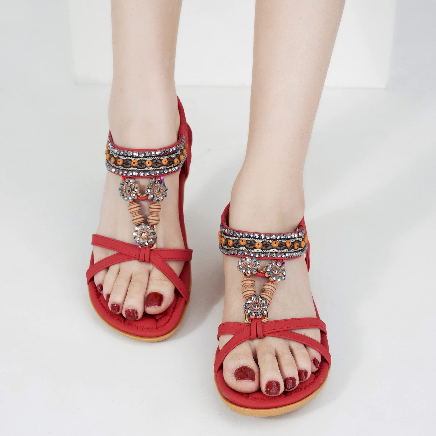 Elegante Damensandalen für den Sommer: Flache Schuhe, bequeme Bohemian-Sandalen mit elastischem Knöchelriemen, Strandsandalen für Damen