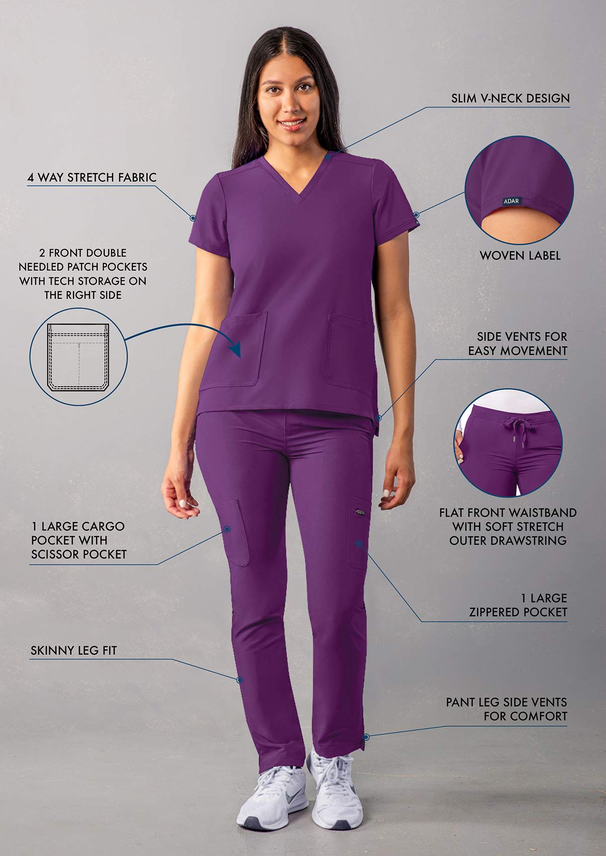 Ensemble de gommage Adar Addition Go-Basic pour femme - Haut de gommage slim à col en V et pantalon de gommage cargo skinny