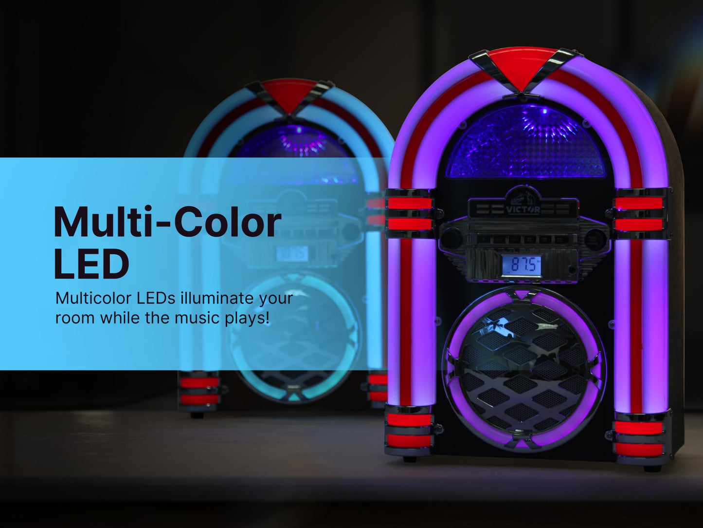 VICTOR Wilshire Desktop Bluetooth Jukebox mit FM-Radio, integriertem Stereolautsprecher und mehrfarbiger LED-Beleuchtung, Schwarz (VDTJ-1450-BK)