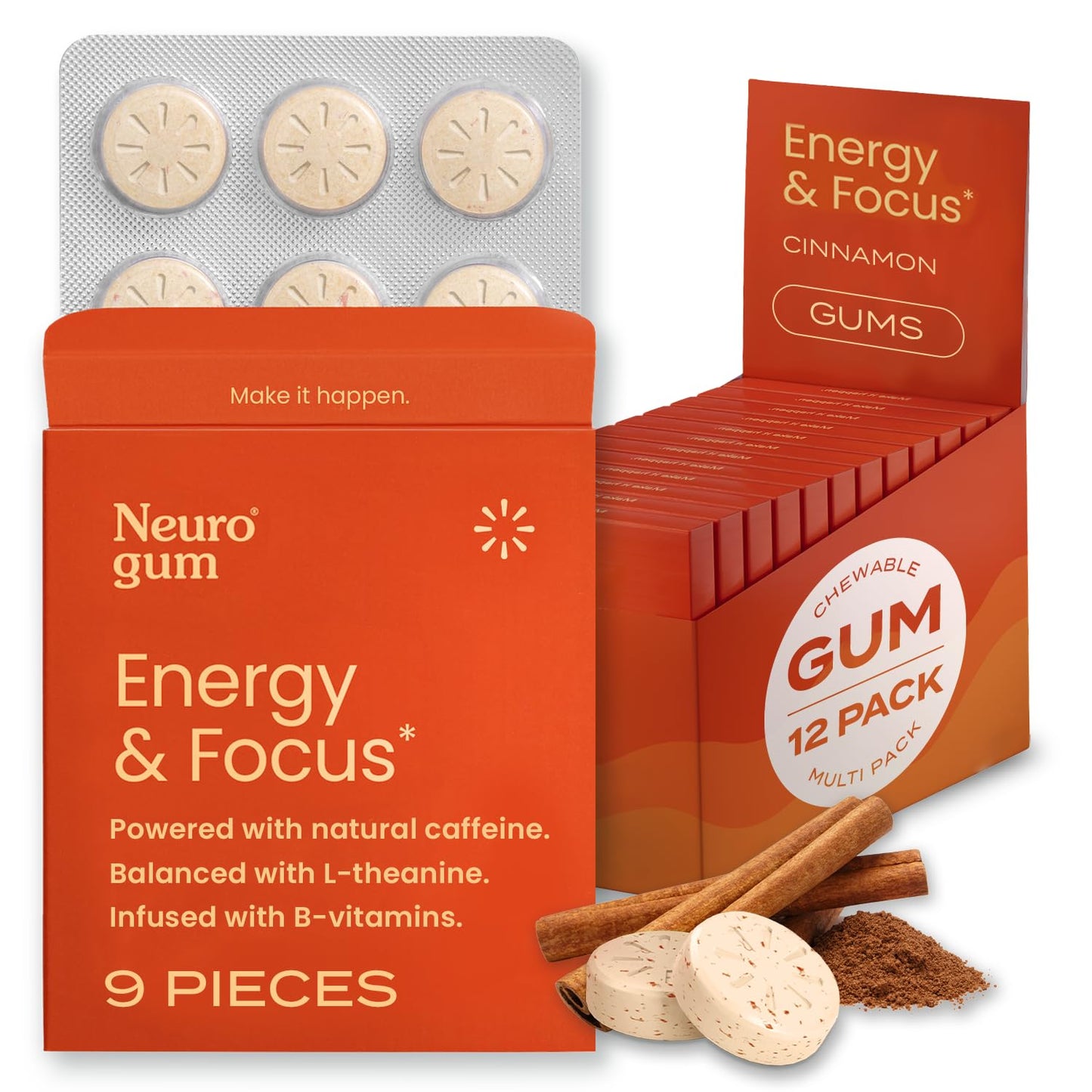 NeuroGum Energy Caffeine Gum (54 Count) - Sugar Free with L-theanine + Natural Caffeine + Vitamin B12 & B6 - Nootropic Energy & Focus Supplement for Women & Men - Keto & Vegan, Cinnamon Flavor