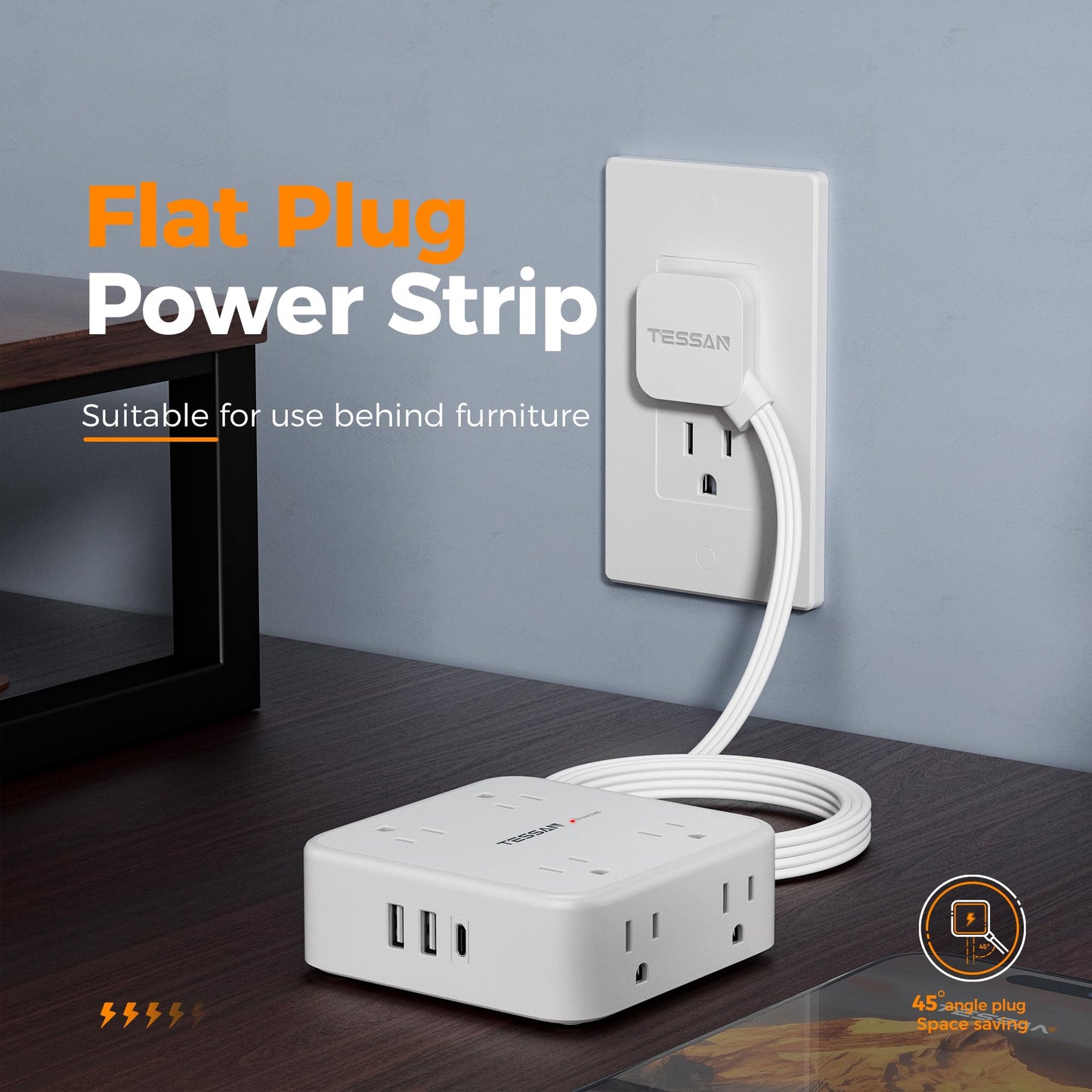 Surge Protector Flat Extension Cord Flat Plug Power Strip, 8 AC Outlets, 3 USB Charger(1 USB C Port) 3-Sided Outlet Extender, 5 Ft, 900 Joules Protection