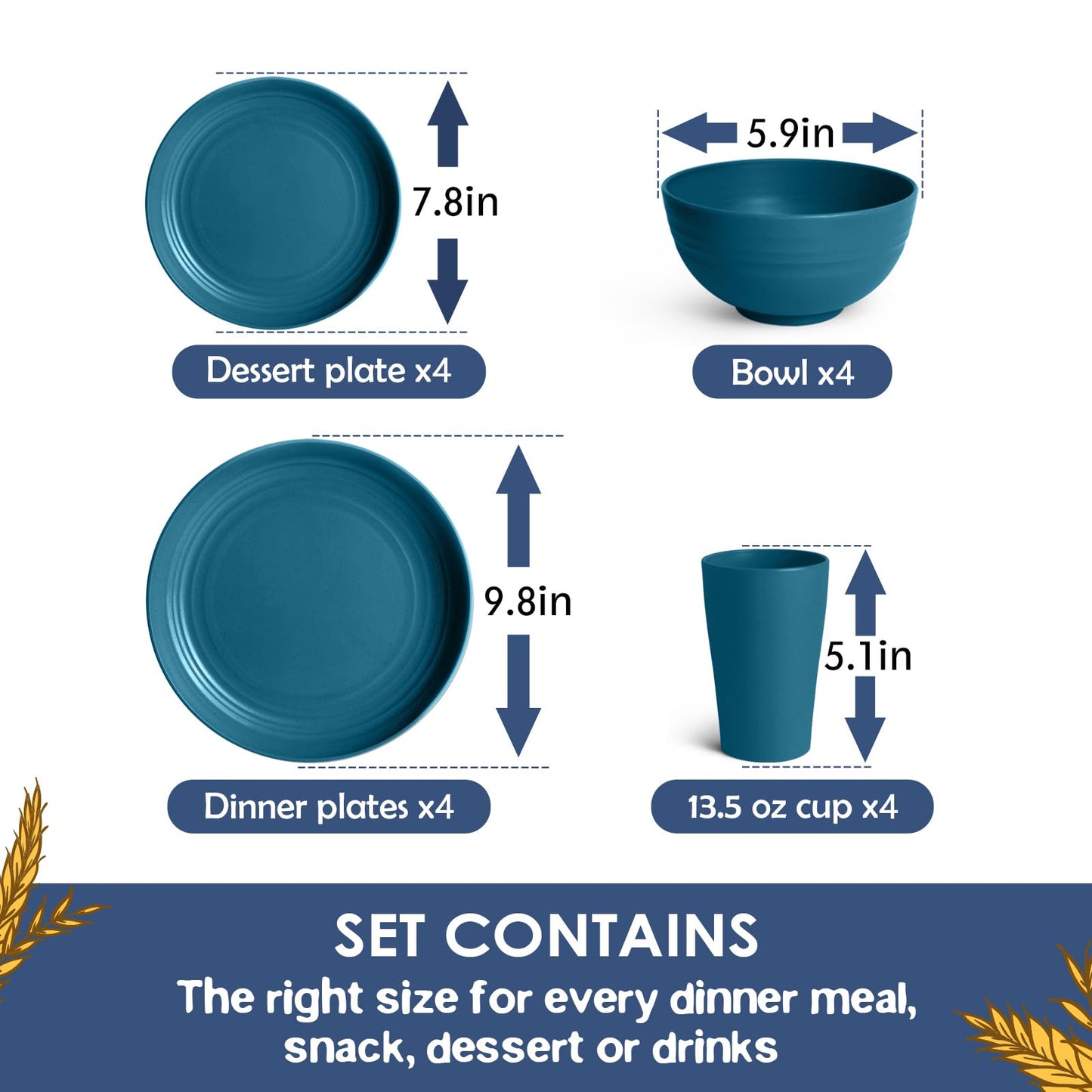 Teivio 16-Piece Kitchen Plastic Wheat Straw Dinnerware Set, Service for 4, Dinner Plates, Dessert Plate, Cereal Bowls, Cups, Unbreakable Plastic Outdoor Camping Dishes, Grey