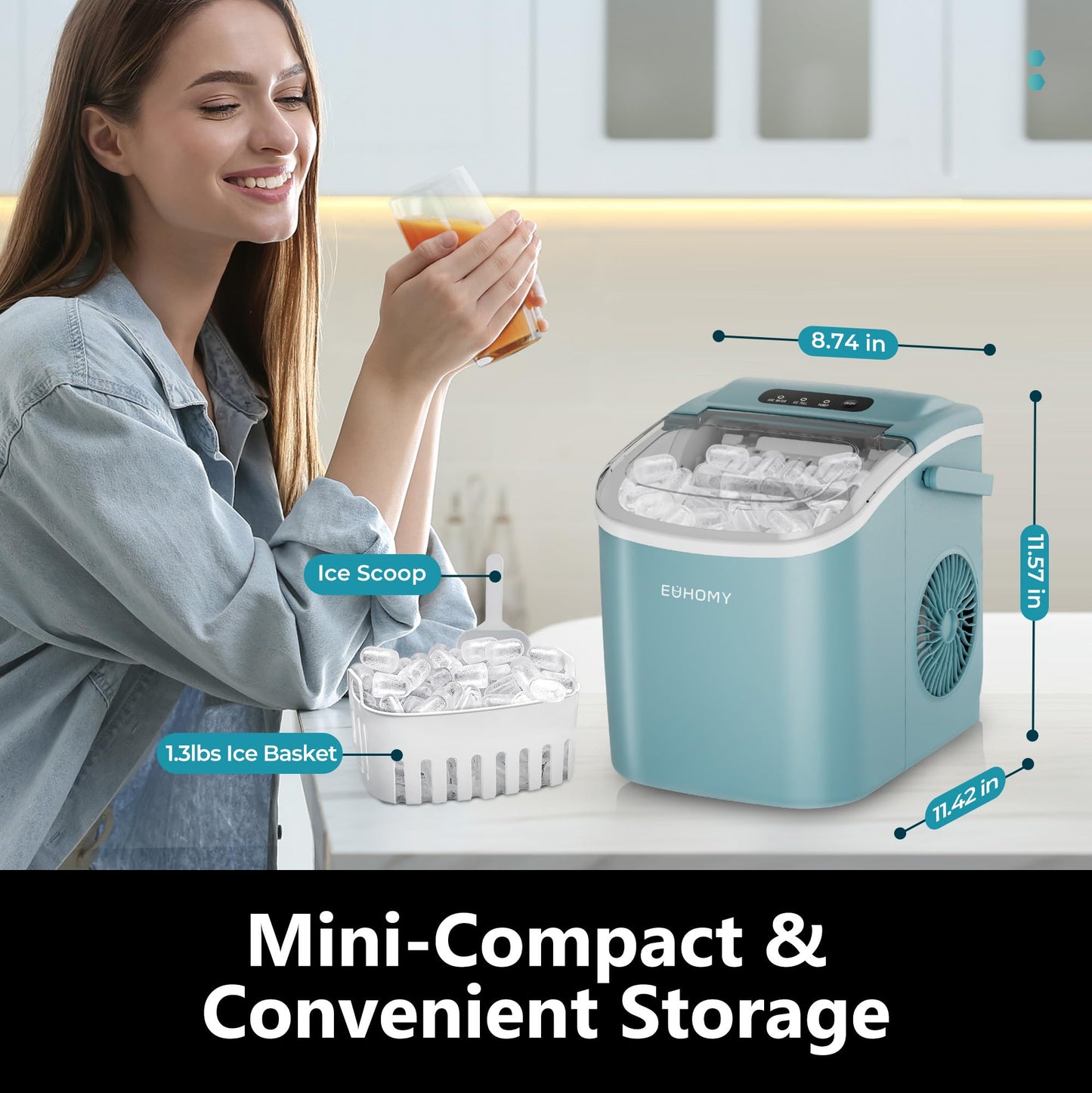 EUHOMY Countertop Ice Maker Machine with Handle, 26lbs in 24Hrs, 9 Ice Cubes Ready in 6 Mins, Auto-Cleaning Portable Ice Maker with Basket and Scoop, for Home/Kitchen/Camping/RV. (Black)