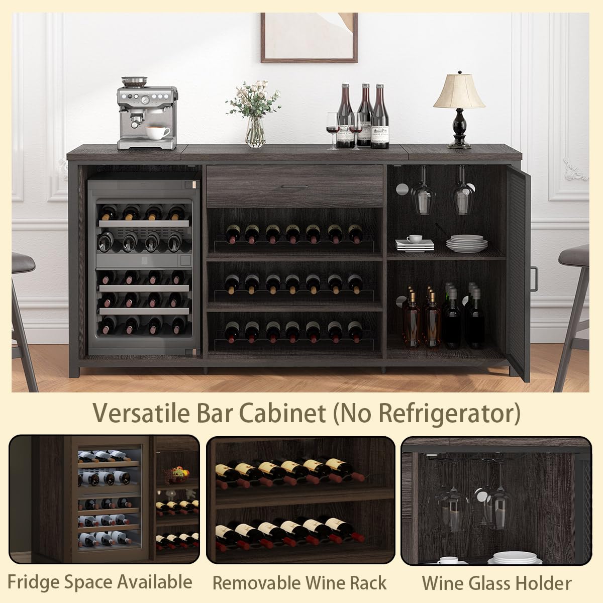 LVB Langer Barschrank mit Platz für den Kühlschrank, großer Spirituosenschrank im Landhausstil mit Schubladen, großer Weinschrank aus rustikalem Holz und Metall mit Regal, modernes Sideboard-Buffet für Küche und Esszimmer, grau, 70 Zoll