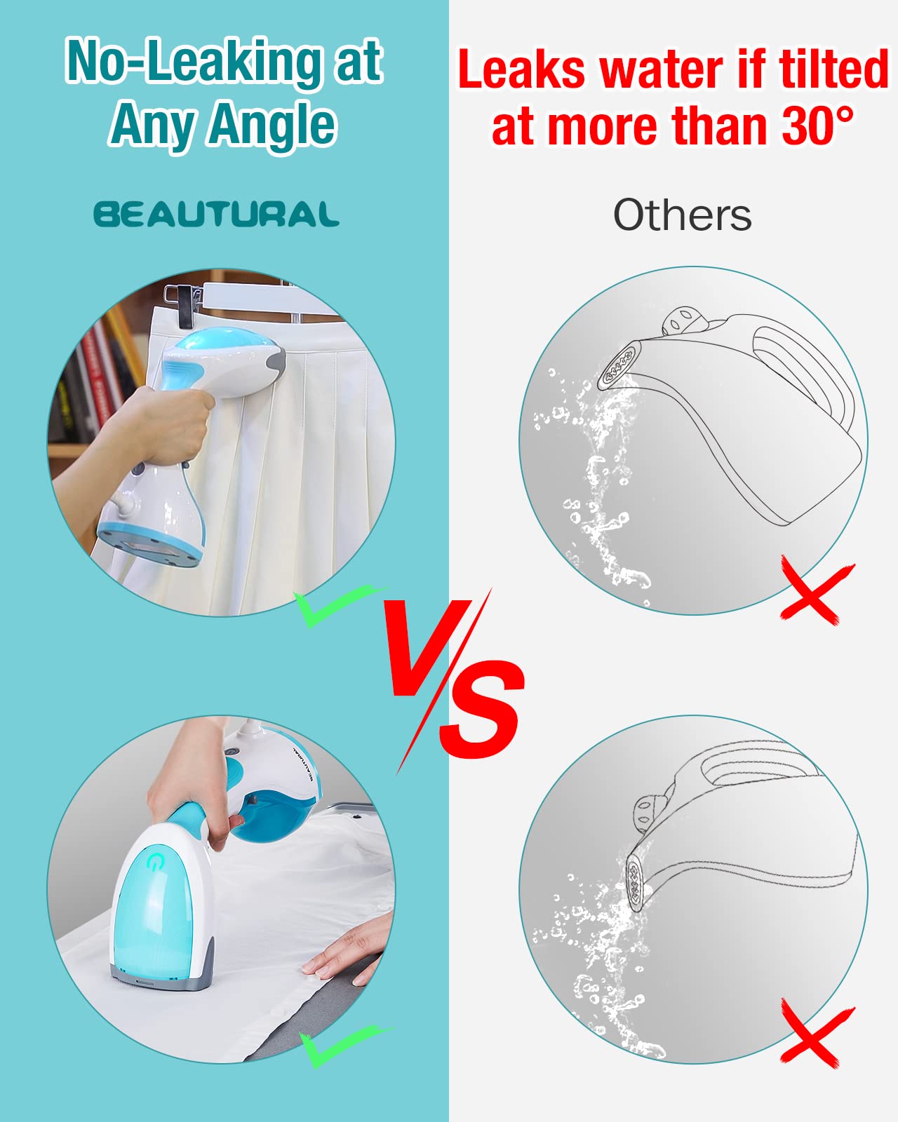 BEAUTURAL Steamer for Clothes, Portable Handheld Garment Fabric Wrinkles Remover, 30-Second Fast Heat-up, Auto-Off, Large Detachable Water Tank
