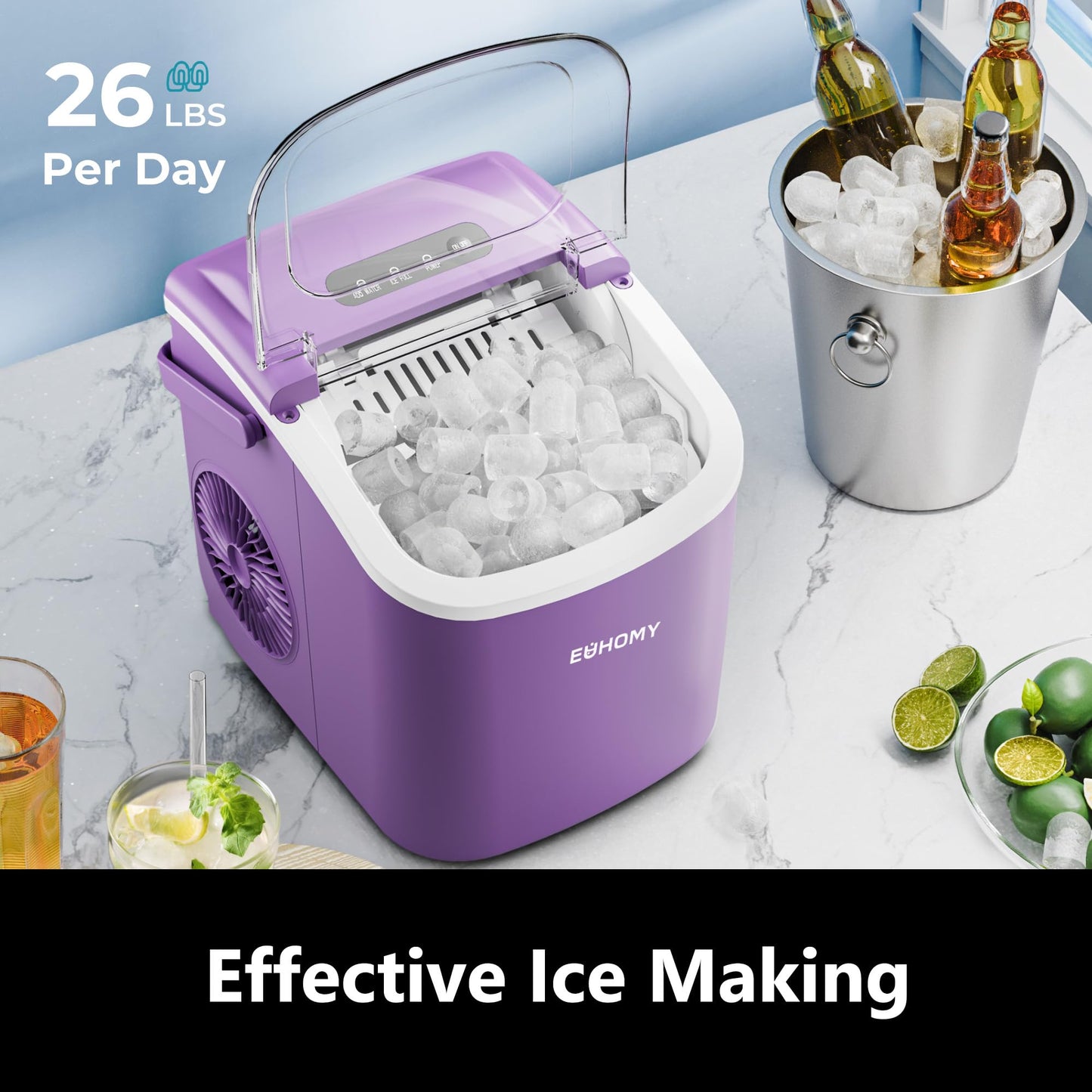 EUHOMY Countertop Ice Maker Machine with Handle, 26lbs in 24Hrs, 9 Ice Cubes Ready in 6 Mins, Auto-Cleaning Portable Ice Maker with Basket and Scoop, for Home/Kitchen/Camping/RV. (Black)
