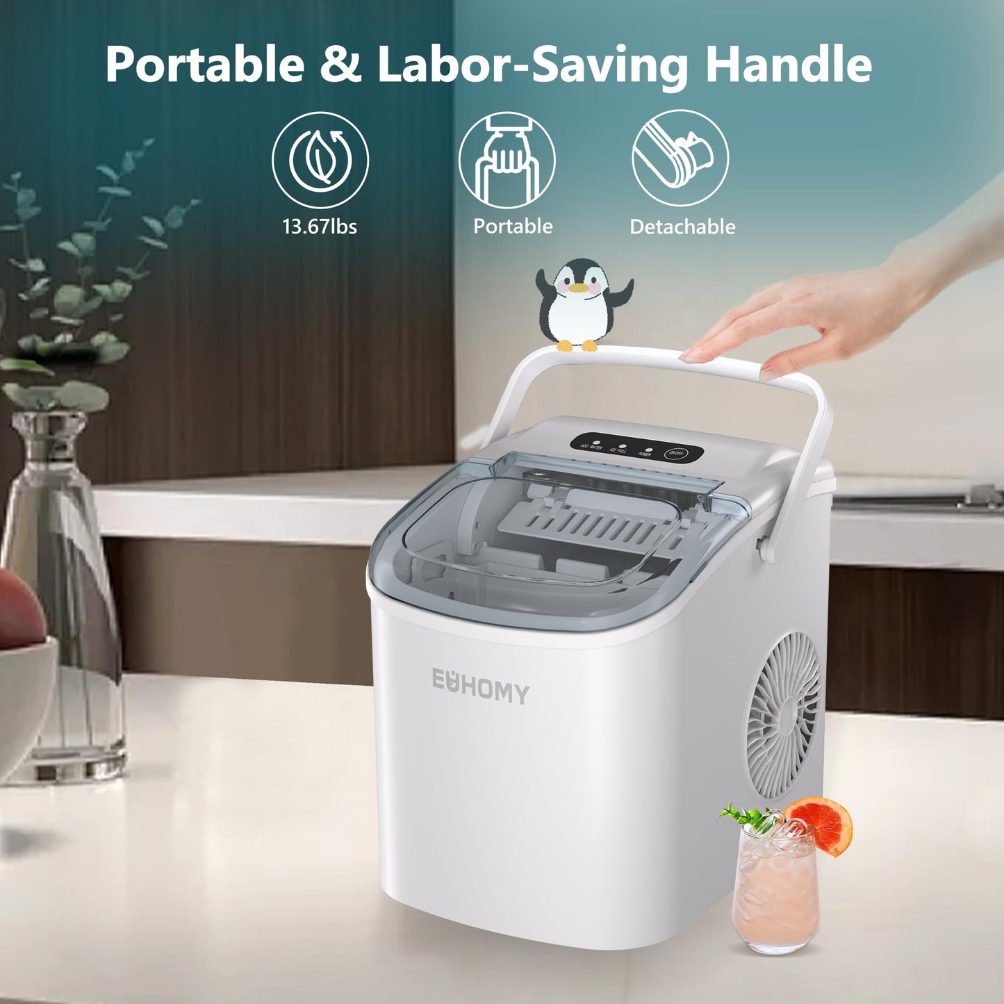 EUHOMY Countertop Ice Maker Machine with Handle, 26lbs in 24Hrs, 9 Ice Cubes Ready in 6 Mins, Auto-Cleaning Portable Ice Maker with Basket and Scoop, for Home/Kitchen/Camping/RV. (Black)