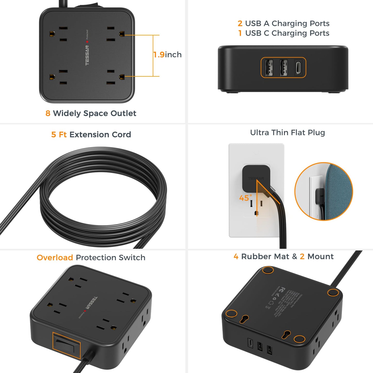 Surge Protector Flat Extension Cord Flat Plug Power Strip, 8 AC Outlets, 3 USB Charger(1 USB C Port) 3-Sided Outlet Extender, 5 Ft, 900 Joules Protection