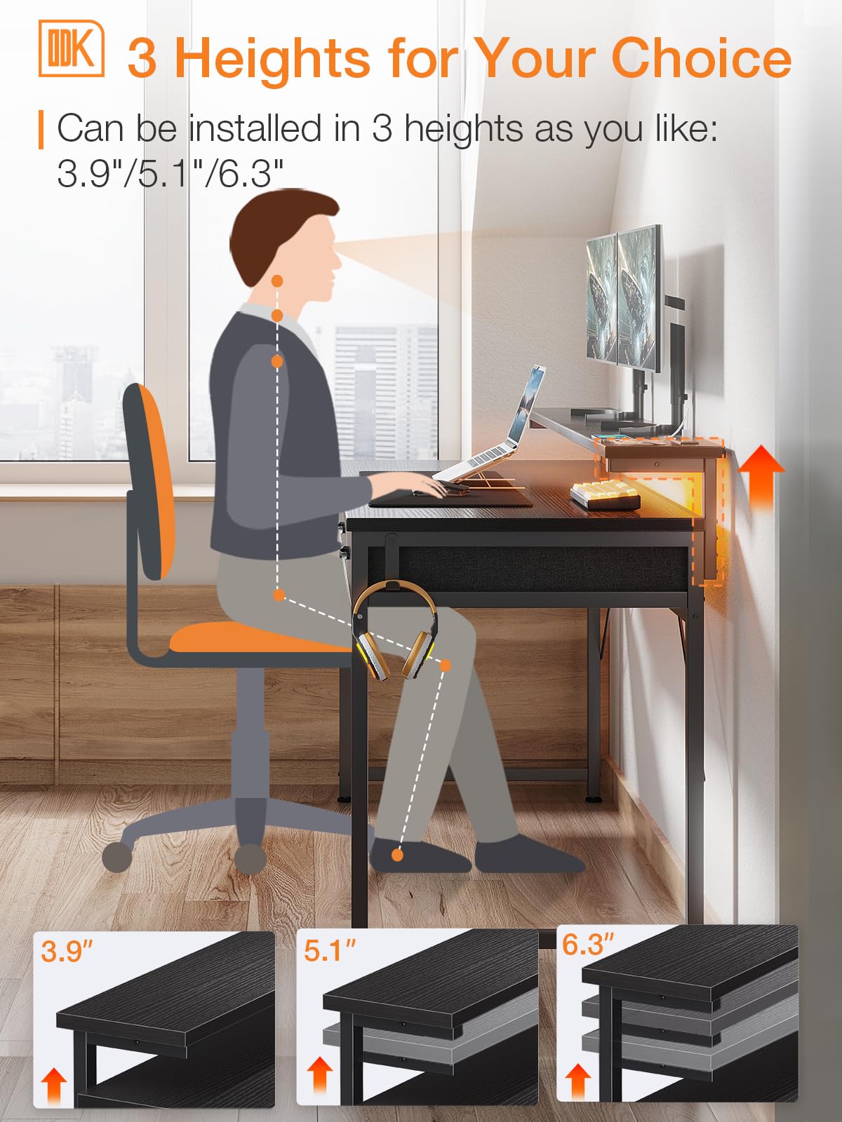ODK 54-Zoll-Computertisch mit 3 Schubladen und USB-Steckdosen, Home-Office-Schreibtische mit LED-Leuchten und verstellbarem Monitorständer, Arbeiten von zu Hause, moderner Arbeits-/Schreib-/Studiertisch für Schlafzimmer, Schwarz