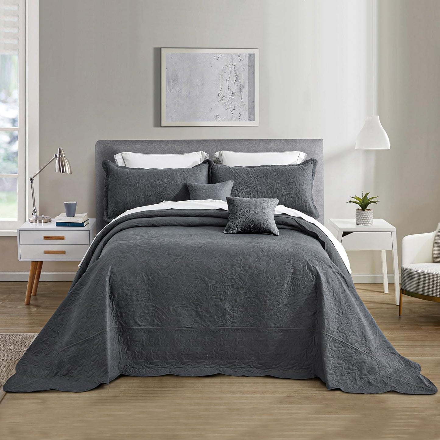 Oversized King Bedspread 128x120 Extra Wide, Paisley Pattern Design, Lightweight Bedding Cover, Reversible, 5 Piece, 100% Microfiber, King/Cal King, Pure White