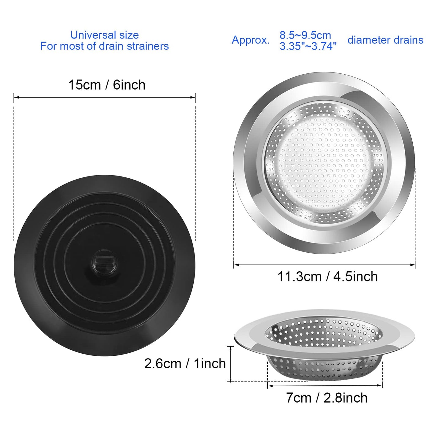 V-TOP Spülbeckensieb-Stopfen, 4er-Pack, universelles Silikon-Abflusssieb-Abdeckungsstopfen-Set für Küchenspülen, 4,5-Zoll-Spülbeckenfiltersieb aus Edelstahl, Lebensmittelfänger für Küchenspüle