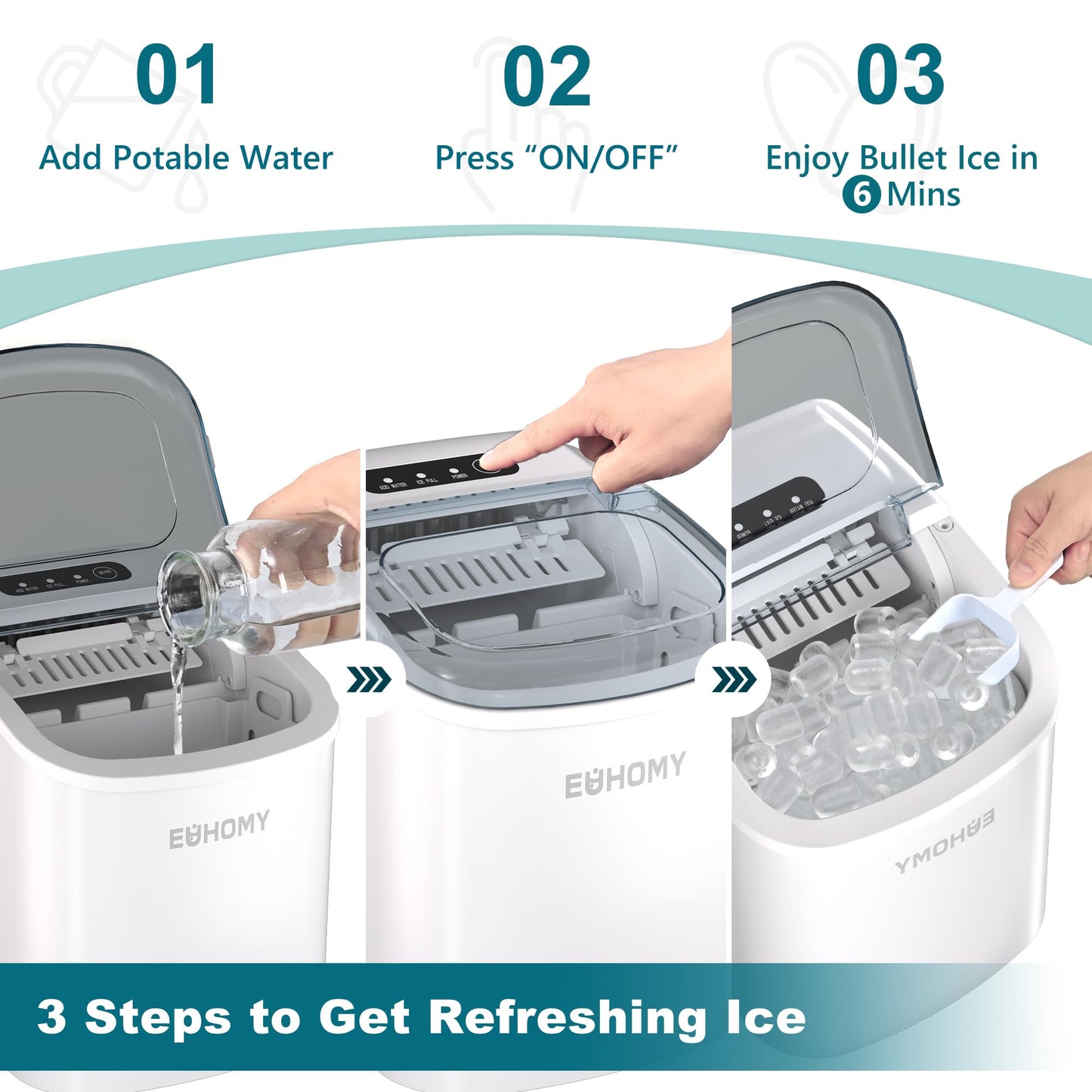 EUHOMY Countertop Ice Maker Machine with Handle, 26lbs in 24Hrs, 9 Ice Cubes Ready in 6 Mins, Auto-Cleaning Portable Ice Maker with Basket and Scoop, for Home/Kitchen/Camping/RV. (Black)